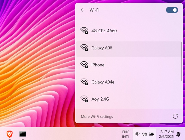 List of Wi-Fi networks accessible from the Wi-Fi network icon in Windows 11.