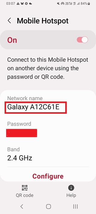 Mobile hotspot Wi-Fi network name visible on a smartphone device.