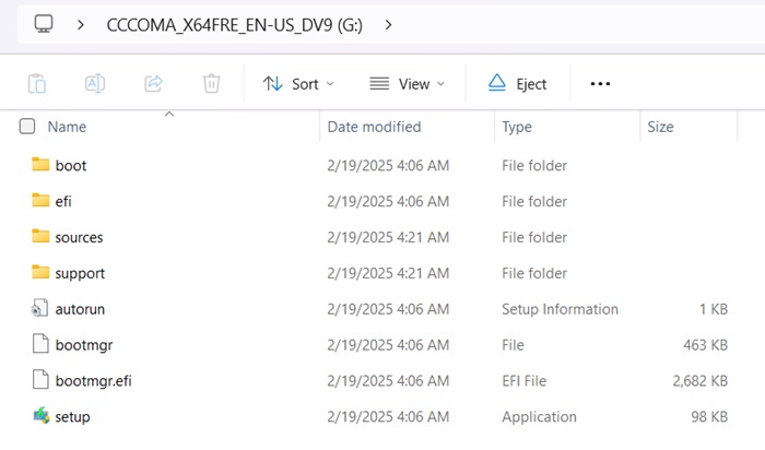 Setup files ready for Windows 11 using the ISO method.
