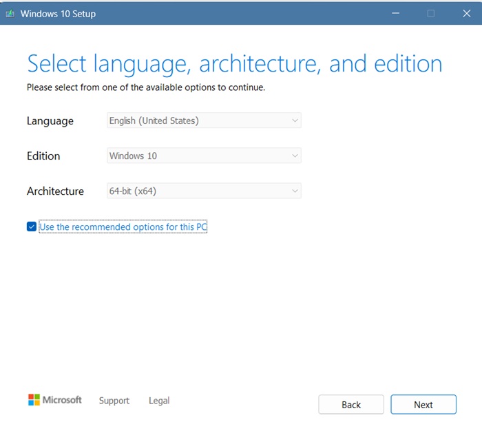 Selecting language, architecture, and edition in Windows 10 for Media Creation Tool.