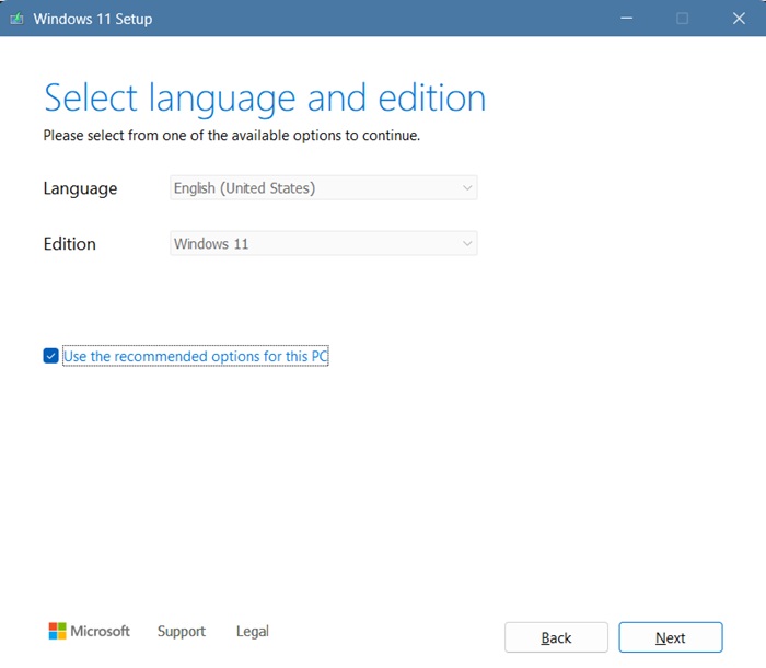 Set up the language and edition for Windows 11 using Media Creation Tool.