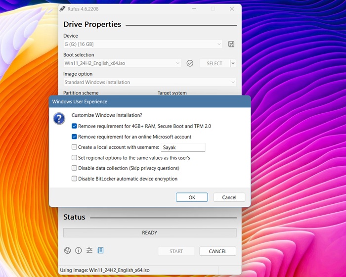 Customized Windows 11 installation using Rufus.