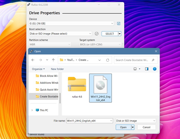 Insert Windows 11 ISO in Rufus for G drive by clicking "Select.."