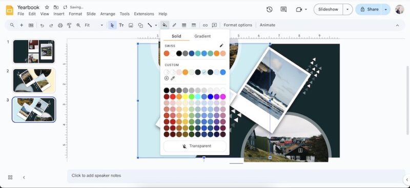 Changing background colors with the paint icon.