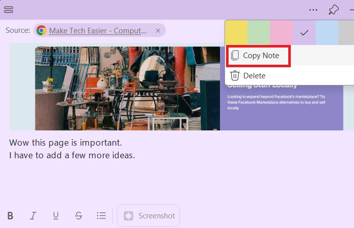 Copy note feature in the new Sticky Notes app.