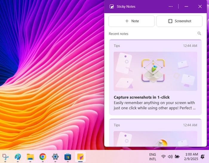 The "new" Sticky Notes app opened with keyboard shortcut, Win + Alt + s.