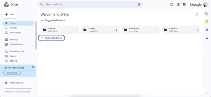 The homepage on Google Drive