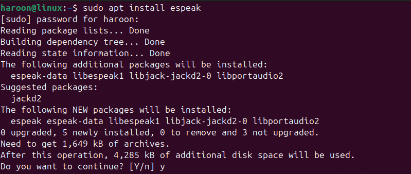 Installing Espeak Command Line Tool in Ubuntu terminal.