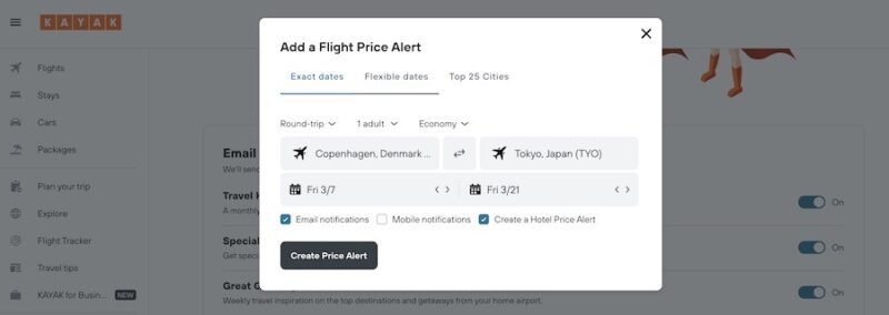 Setting up price alerts in the KAYAK app