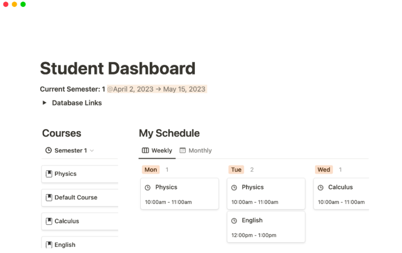 Notion's Student Main Dashboard
