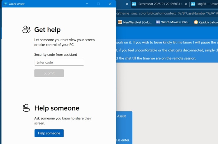 Quick Assist app launched with sections to receive or give help.