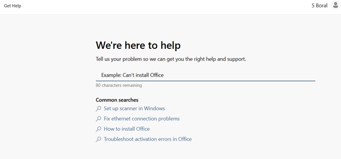 Get Help menu redirects to Microsoft Chat support.