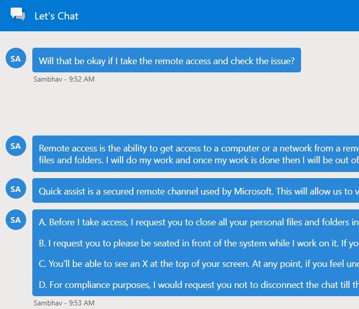 Permission request for "Quick Assist" sought by Microsoft support chat.