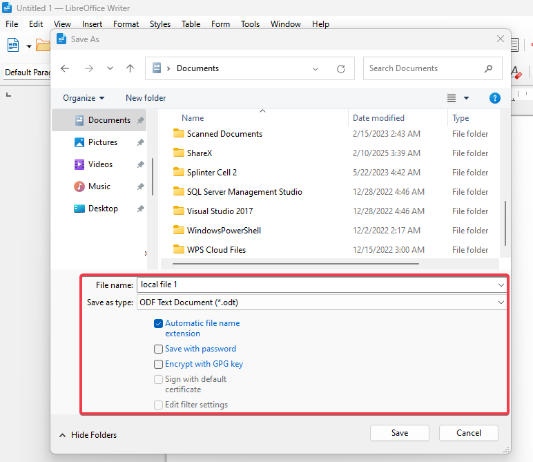 Save File Locally Libreoffice