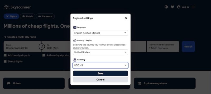 Change your location in the Skyscanner app