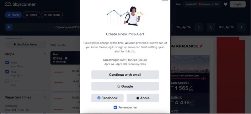 Setting up price alerts in Skyscanner