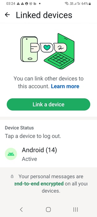 Active and linked companion Android 14 device visible on primary phone.