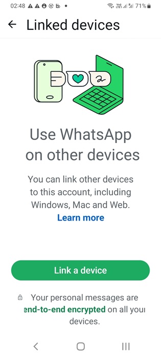 "Link a device"' option for WhatsApp visible on the primary phone.