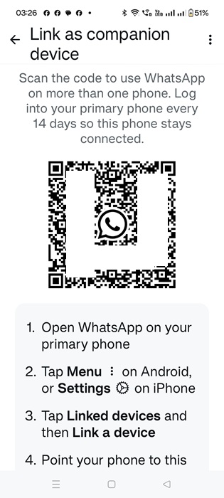 QR code to be scanned to add a companion device to a primary WhatsApp.