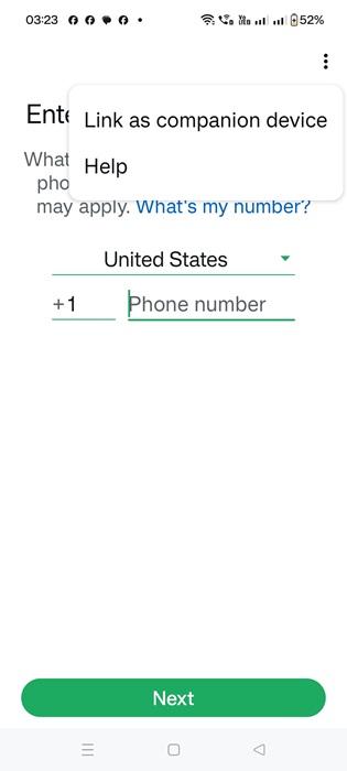 "Link as companion device" option visible while creating a new WhatsApp account on a device.