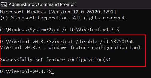 Vivetool Feature Disable