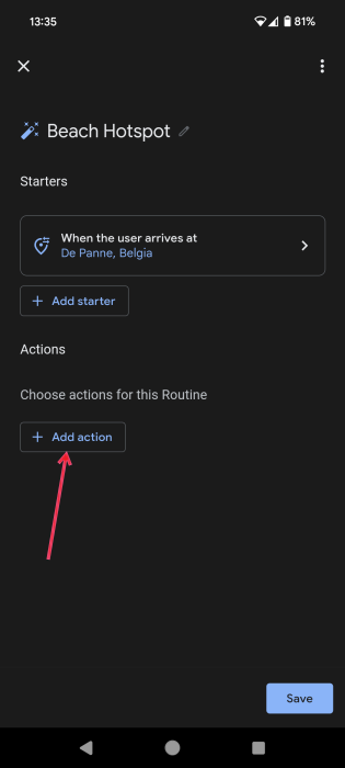 Tapping on new "Add action" button when creating new Routine on Android. 