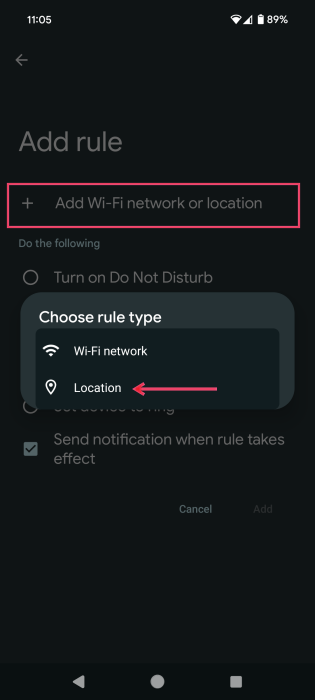 Pressing on "Add Wi-Fi network or location" option on "Add rule" screen on Android. 