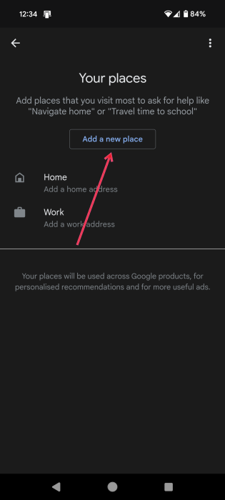 Tapping on "Add a new place" button in "Your Places" on Android device.