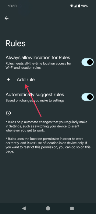 Tapping "Add rule" in Android Rules screen.