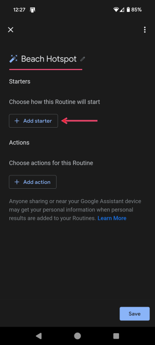 Pressing "Add starter" button after naming new Routine on Android. 