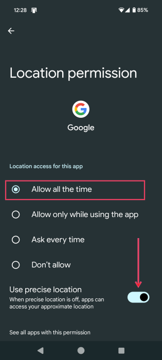 Toggling "Use precise location" option in Location permissions for Google app on Android phone. 
