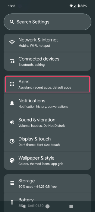 Tapping on Apps in Android Settings. 