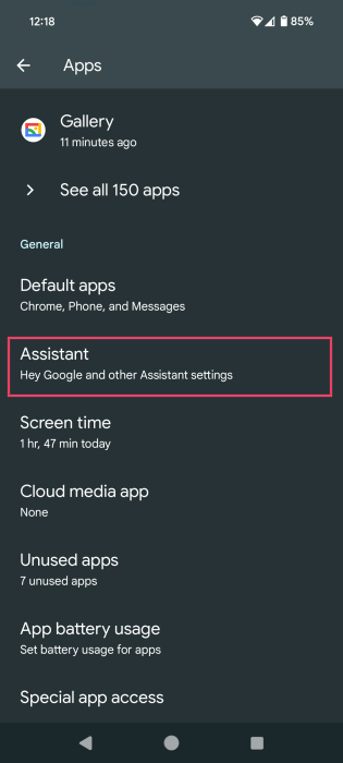 Selecting Assistant option under Apps in Android Settings. 
