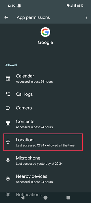Selecting "Location" in Google app permissions on Android phone. 