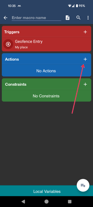 Selecting Actions option in MacroDroid app on Android.
