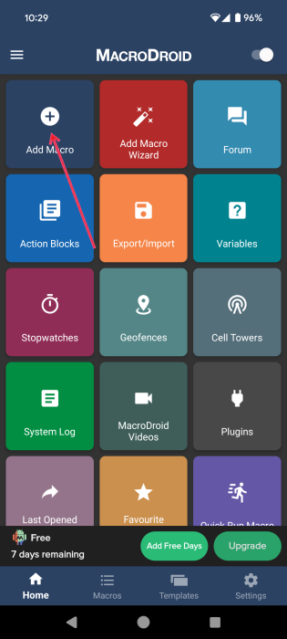 Pressing on "Add Macro" button in MacroDroid app on Android. 