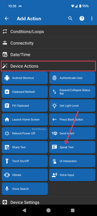 Selecting "Device Actions" option  in MacroDroid app on Android.