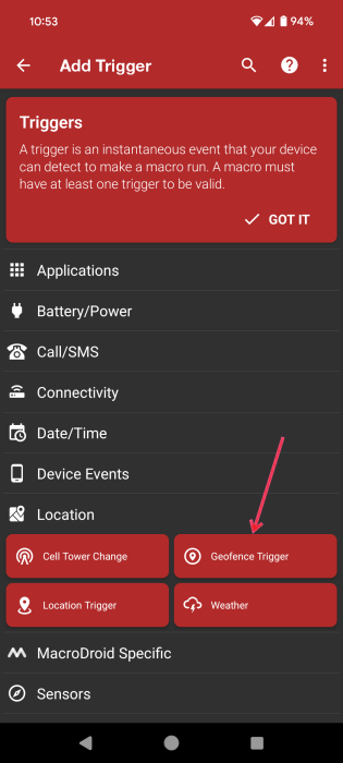 Tapping on "Geofence Trigger" option in MacroDroid app on Android. 