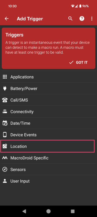 Selecting Location option in MacroDroid app on Android. 