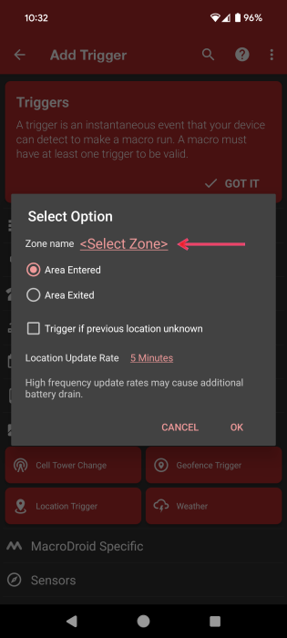 Tapping on "Select Zone" option in MacroDroid app on Android.