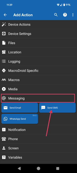 Opting for "Send SMS" in Messaging for Action in MacroDroid app on Android. 