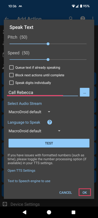 Setting up the Speak Text action in MacroDroid app on Android.