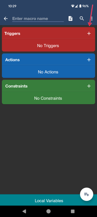 Selecting Triggers option in MacroDroid app on Android. 