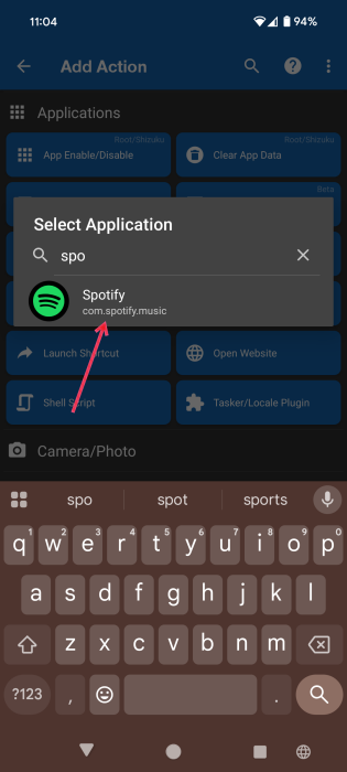 Searching for app to set as Action for new routine in MacroDroid app on Android. 