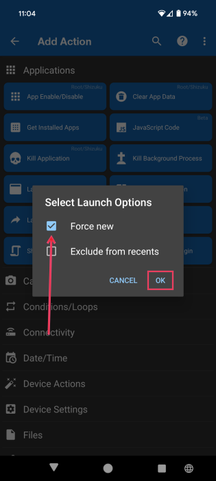 Selecting "Force new" option for app action in MacroDroid app on Android. 