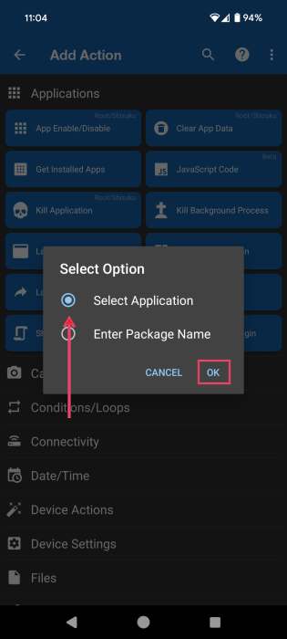 Opting for "Select Application" for Action in MacroDroid app on Android. 