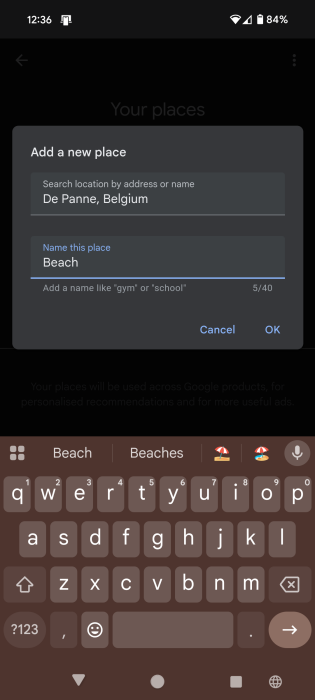 Naming new place on Android. 