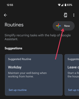 Tapping on New button to create Routine on Android. 