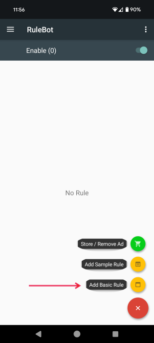 Opting to "Add Basic Rule" in RuleBot app on Android. 