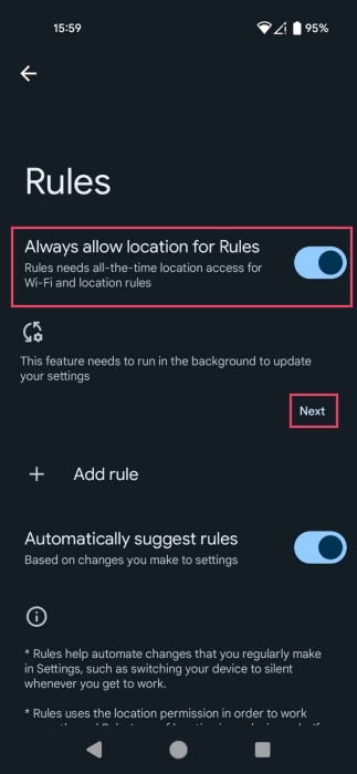 Checking that "Always allow location for Rules" toggle is on in Rules and pressing Next. 